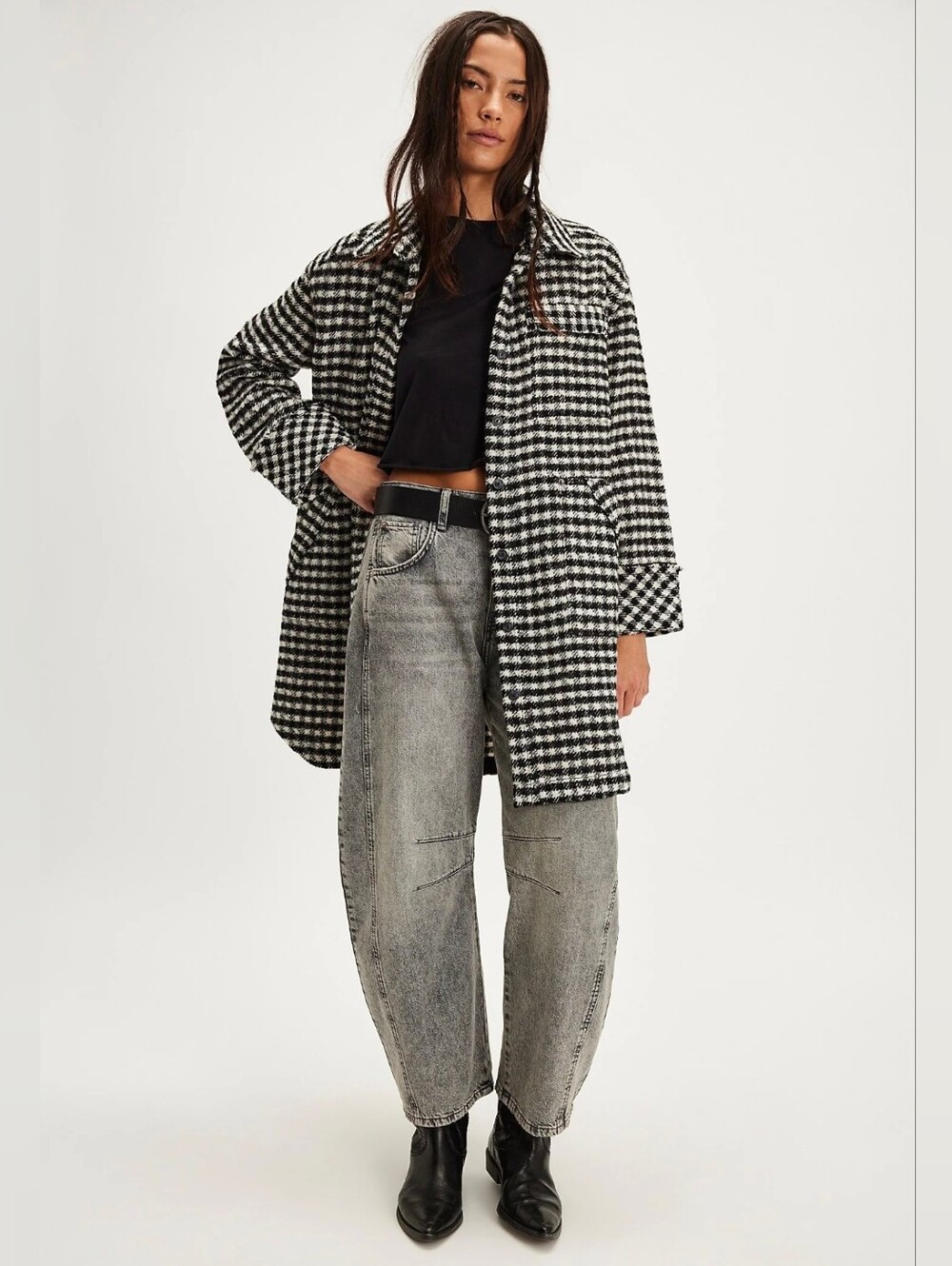 FREE PEOPLE We The Free Get Around Houndstooth Shirt Jacket - BLACK + WHITE